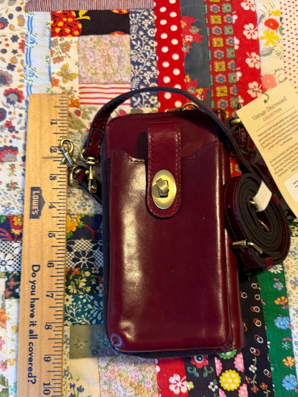 Patricia Nash Burgundy Leather Crossbody Phone / Wallet Pouch with Turn-Lock
